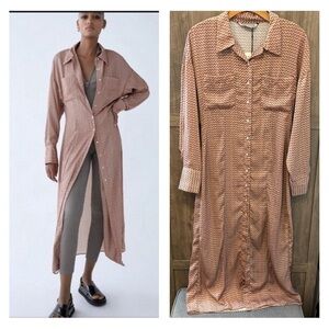 NWT Zara Long Shirt Dress Button Down Pink Floral Satin Long Sleeve